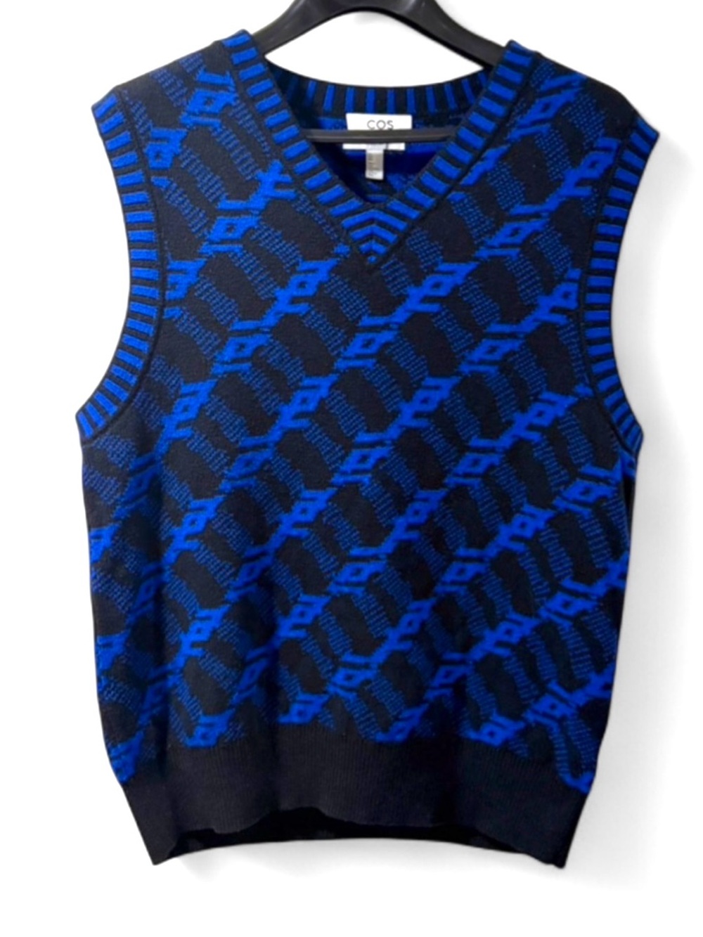 COS Blue/Black Wool Blend Patterned V-Neck Sweater Vest Size Men’s Large